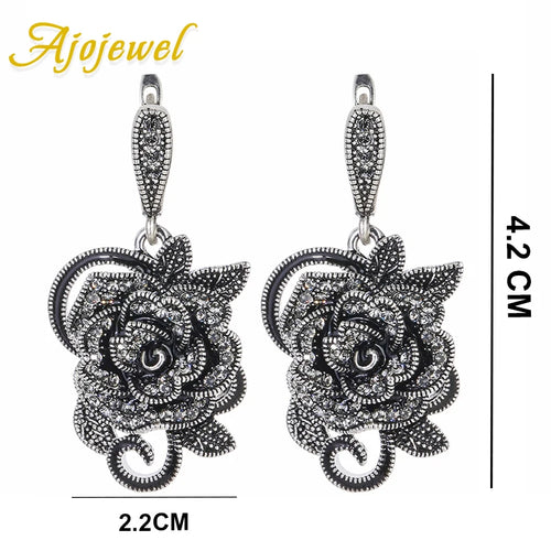 Ajojewel Beautiful Black Rhinestone Big Flower Vintage Earrings For Women Costume Jewelry For Party Wedding Gifts Match Gift Box
